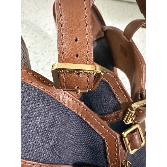 Tory Burch Women’s Wedges Florian Denim Brown Leather Platform Sandals Heels 8M - Picture 2 of 12